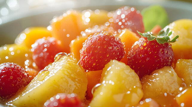 A vibrant macro shot of glossy oil droplets glistening on a colorful fresh fruit salad featuring strawberries, pineapple, and orange segments, highlighting strawberry elements.