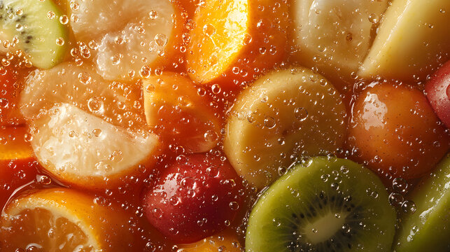 A vibrant macro shot of colorful fruit slices submerged in shimmering oil droplets, highlighting juicy textures and rich hues of kiwi, orange, banana, and strawberry.