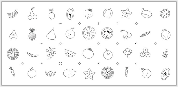 Minimalist outline vector illustration featuring various organic fruits and vegetables drawn in simple black line art style