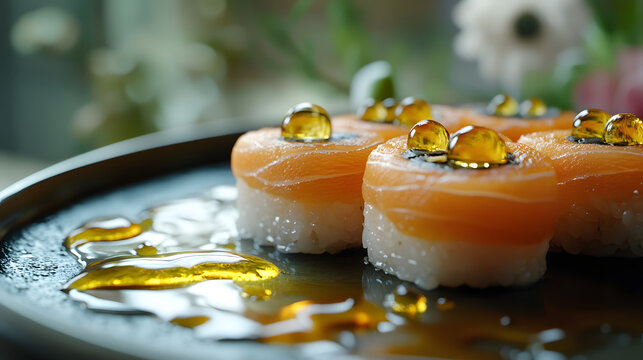Glistening oil droplets rest atop fresh salmon sushi rolls, set on a dark plate with soft-focus floral background. Rich colors and fine details highlight gourmet presentation.