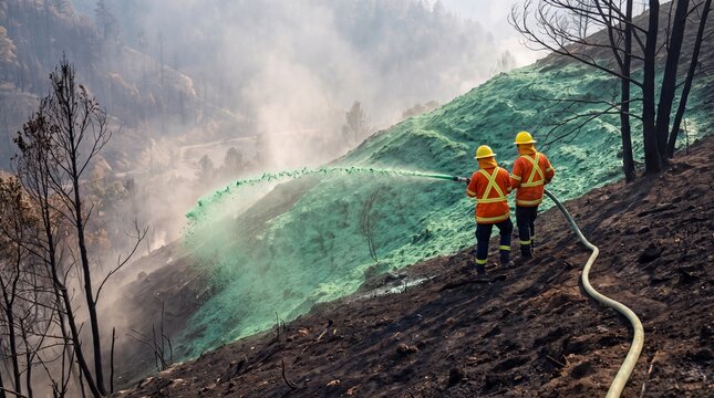 Restoration Crew Spraying Green Hydroseed Mulch Onto Steep Burned Slope