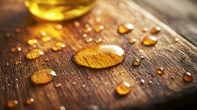Golden oil droplets glisten on a rustic wooden cutting board, highlighting rich textures and warm tones perfect for culinary or kitchen-themed visuals, highlighting cooking elements.