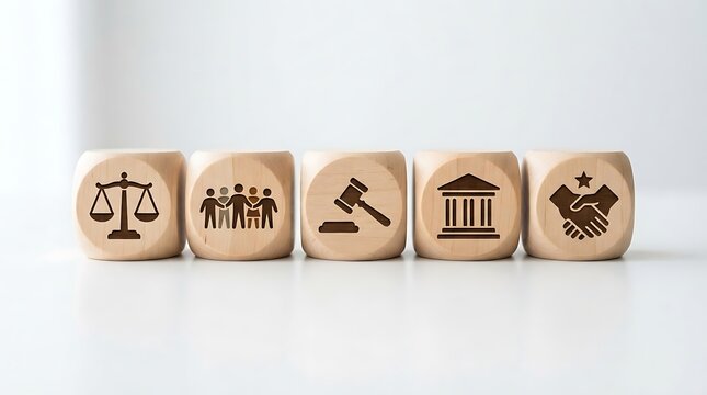 Wooden blocks with icons representing law, justice, court, and agreement concepts on white background.