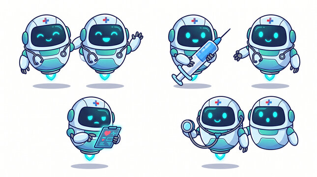 Cute medical robot character set with stethoscope and syringe, healthcare mascot illustration, friendly doctor bot, vaccination clinic design