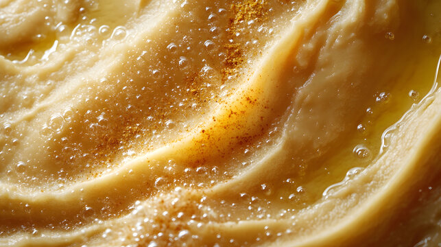 A close-up of creamy hummus with golden oil pooling and spices dusted on top, showcasing rich texture and appetizing detail, showcasing impressive bowl qualities.