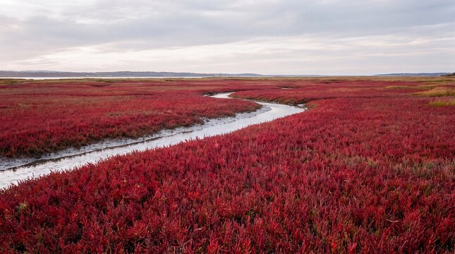 Carpet of Glasswort Turning Ruby Red Across Tidal Marshland in Autumn