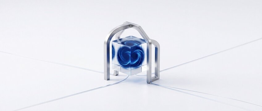Abstract digital cube contained within a metallic frame, featuring swirling blue energy patterns, representing data or innovation on a clean, minimalist background with dotted connection lines.
