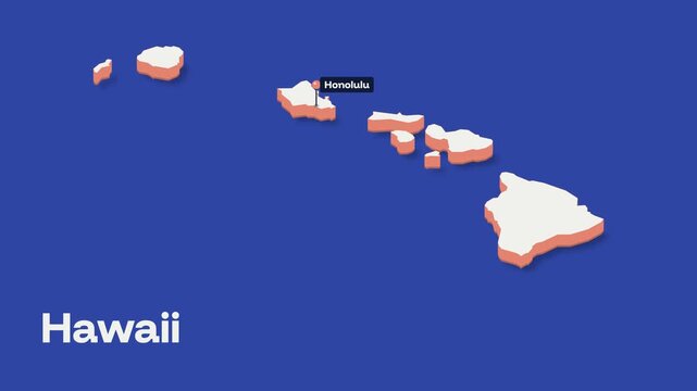 Hawaiian island chain lifts off a cobalt blue sea as raised 3D shapes, with a map pin dropping onto Honolulu