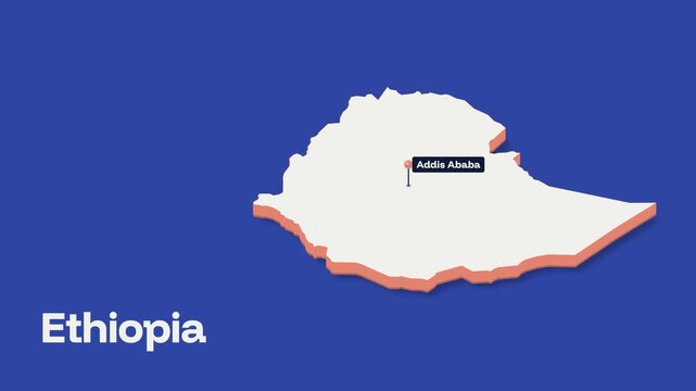 Ethiopia country map extrudes upward on cobalt blue with coral sides and a pin on Addis Ababa