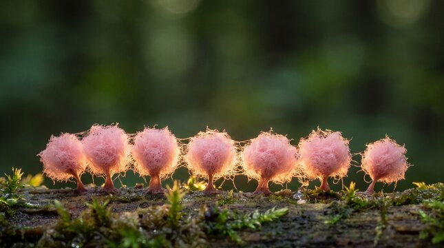 Fluffy Pink Cotton Candy Slime Mold Tufts Glowing in Backlight