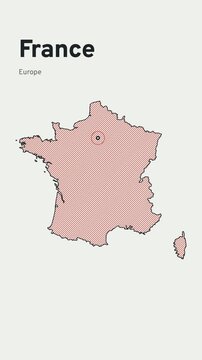 Vertical France sketched by pen, the mainland and the island to the southeast shaded in vermilion lines, capital dotted