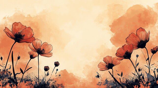 Abstract Watercolor Floral Background with Delicate Orange Wildflowers in Soft Pastel Peach Tones