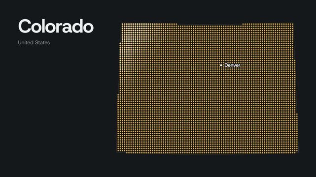Dotted map of Colorado, amber dots fill the rectangle outward from Denver as a band of light sweeps across
