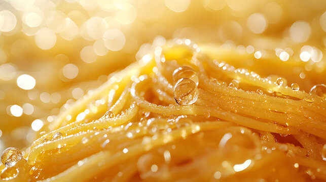 Golden pasta strands glisten with droplets of oil, capturing rich texture and appetizing sheen under warm light, featuring intricate glistening and macaroni details.