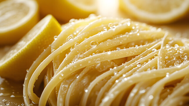A close-up of fresh pasta strands glistening with oil and garnished with vibrant lemon slices, evoking a bright, zesty culinary experience, highlighting cooked elements.