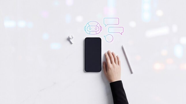 Person using a smartphone with digital interface elements, AI chatbot concept, smart technology, communication and data analysis