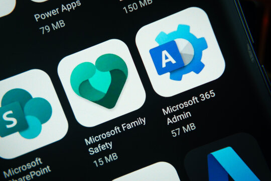 Redmond, United States - 15 Oct 2026: Microsoft SharePoint, Microsoft Family Safety and Microsoft 365 Admin app icons are seen on a smartphone screen.