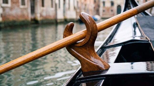 Close Up of Carved Walnut Forcola Oarlock With Oar Resting in It