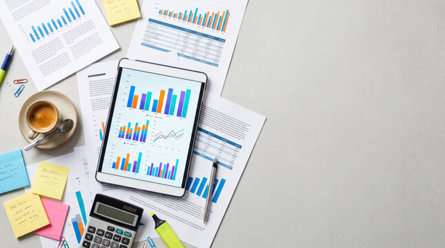 Top view flat lay of tablet display financial charts reports coffee cup calculator sticky notes on white background