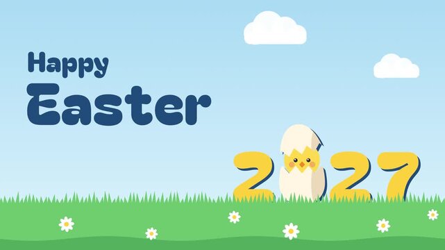 Egg standing in for the zero of 2027 cracks open and a chick pops up under a Happy Easter title