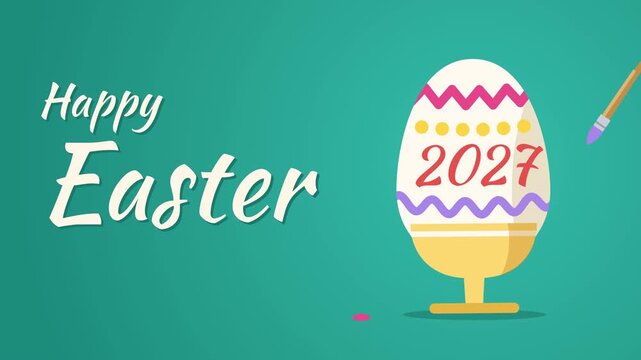 Paintbrush decorates a white egg with a zigzag, dots and 2027 next to Happy Easter in brush lettering