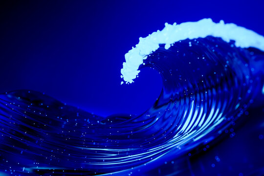 Powerful 3D digital tsunami wave with radiant neon foam and flowing cybernetic light