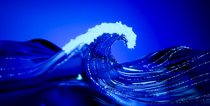 Dynamic 3D data wave curling through a luminous blue virtual ocean landscape