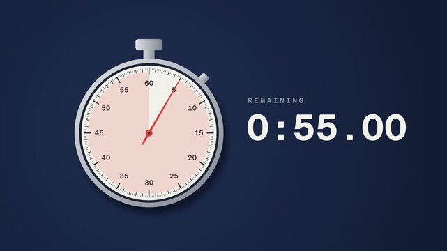 Stopwatch hand sweeps one full turn beside a readout running from 1:00.00 to 0:00.00 on navy, a one minute timer