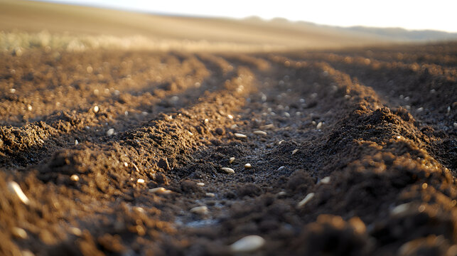 A close-up time-lapse view of seeds being sown in freshly tilled soil, capturing the transformation from bare earth to lush green growth under warm sunlight, highlighting field elements.