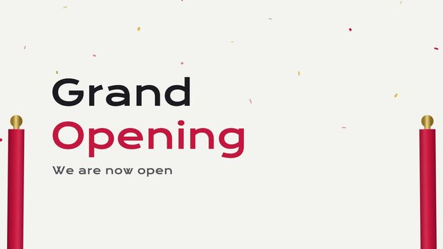 Scissors snip a red ribbon between gold posts and confetti falls as Grand Opening appears on white