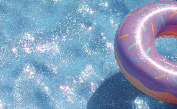 Donut inflatable swim ring floating in blue swimming pool water