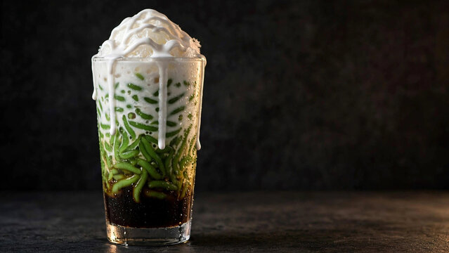 Es cendol, traditional Indonesian dessert with pandan jelly, coconut milk and palm sugar in a tall glass