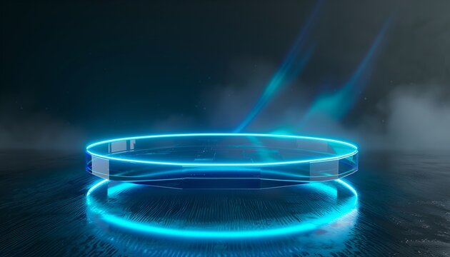 Futuristic Glowing Platform Amid Mystical Fog