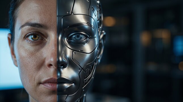 Close-up split portrait of half human face and half humanoid robot face, artificial intelligence and human versus machine concept
