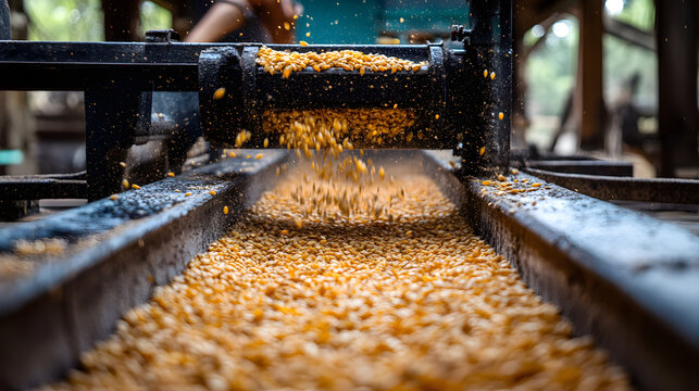 A worker operates a seed cleaning machine as golden kernels cascade through industrial equipment, highlighting agricultural processing in a rustic setting, highlighting cleaner elements.