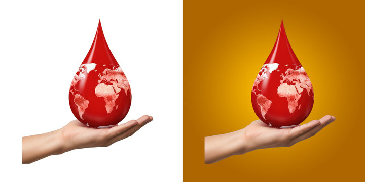 A hand holding a big red water drop with a world map inside graphic resource