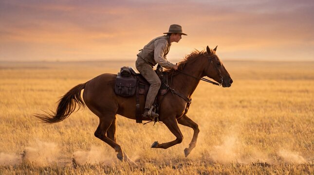 Historic Mail Rider Reenactor Galloping Across Prairie With Leather Mail Bag