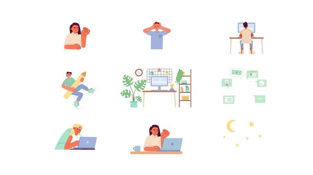 Telework people cartoon animation pack. Workspace stress and fatigue. Productivity desk. WFH routine. Freelancer at laptop animated flat 4K video collection isolated on transparent background