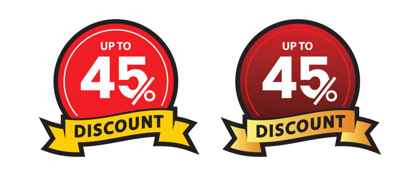 Discount Sticker of Special Offer discount up to 45% Off. Black and Red Gradient background isolated on white. Circle frame with ribbon. For Tag, Price, Discount Label. Vector Illustration