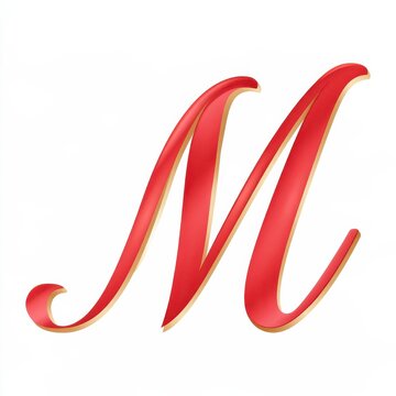 Stylized red letter m with gold outline on white background, elegant script font with glossy finish and soft shadows