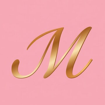 Stylized golden letter M on soft pink background, elegant script font with metallic sheen and subtle shadow for luxury branding or monogram design