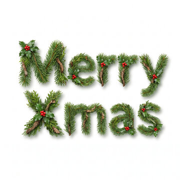 Festive Merry Xmas sign crafted from pine needles, organic evergreen holiday text, winter seasonal greeting with holly and red berries