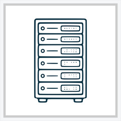 Simple line art icon of a computer server rack for data storage and network technology infrastructure with multiple hard drive bays for business information systems © Arbin Karim