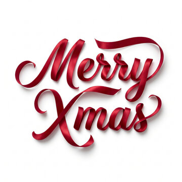 Merry Xmas red ribbon calligraphy on white background, elegant Christmas typography with satin texture, festive holiday lettering for greeting cards