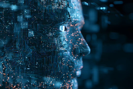 AI人工知能とデジタル脳の未来技術 人間の横顔とニューラルネットワークを描いた生成AIのイメージ