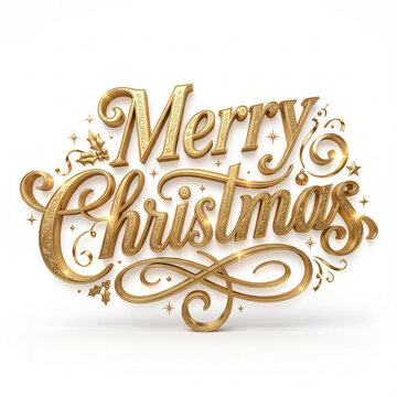 Golden Merry Christmas 3D lettering with elegant swirls, luxury holiday typography on white background, festive gold metallic text for seasonal greeting cards