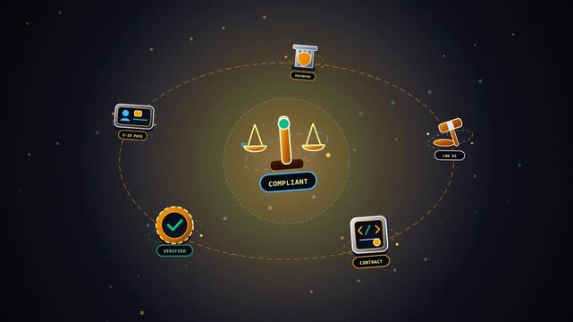 3D LegalTech Smart Contract, Digital Notary, Compliance and Scales of Justice Loop 4K 60fps