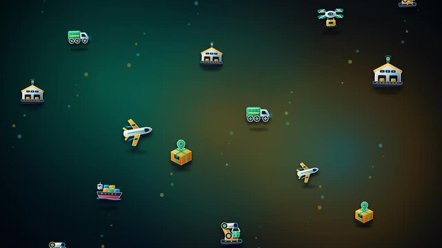 3D Floating Global Logistics, Cargo Freight and Autonomous Supply Chain Icons Seamless Loop 4K 60fps