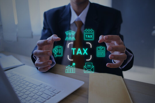 Man in Suit Interacting with Online Financial Tax Payment Hologram Between Hands