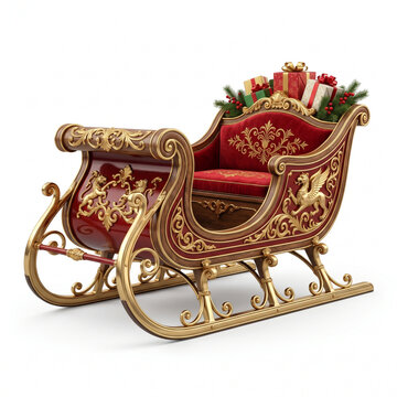 Luxurious Santa's Sleigh ornate in red and gold filled with festive Christmas presents pine branches and red berries isolated on a clean white background. An elegant holiday season decoration